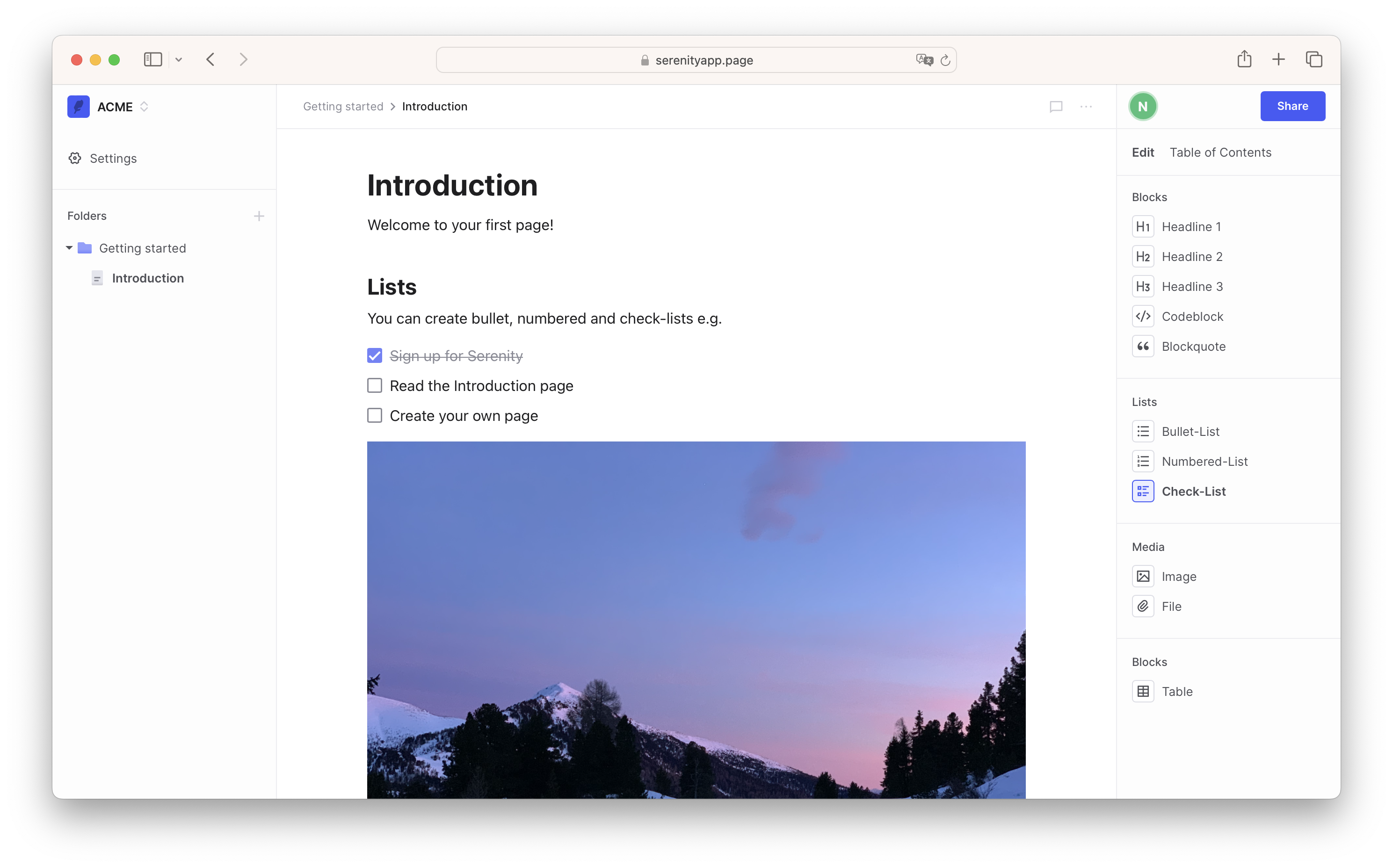 Screenshot of Serenity in a Web browser